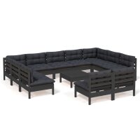 vidaXL 12-tlg. Garten-Lounge-Set mit Kissen Schwarz Massivholz Kiefer