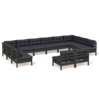 vidaXL 12-tlg. Garten-Lounge-Set mit Kissen Schwarz Kiefer Massivholz