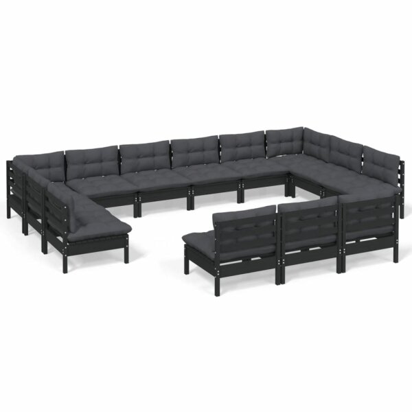 vidaXL 13-tlg. Garten-Lounge-Set mit Kissen Schwarz Kiefer Massivholz