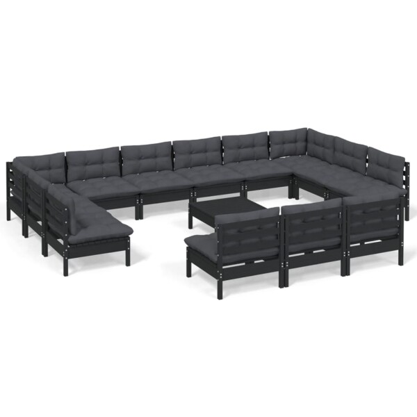 vidaXL 14-tlg. Garten-Lounge-Set mit Kissen Schwarz Massivholz Kiefer