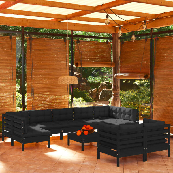 vidaXL 10-tlg. Garten-Lounge-Set mit Kissen Schwarz Massivholz Kiefer