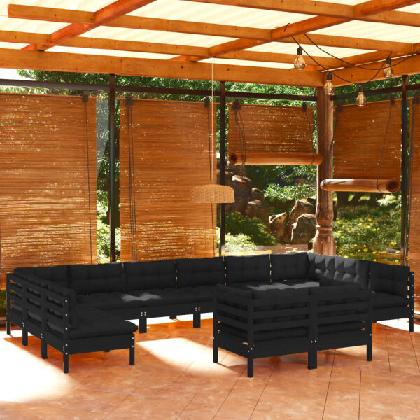 vidaXL 12-tlg. Garten-Lounge-Set mit Kissen Schwarz Kiefer Massivholz