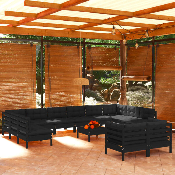 vidaXL 13-tlg. Garten-Lounge-Set mit Kissen Schwarz Kiefernholz