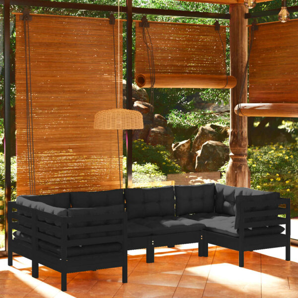 vidaXL 6-tlg. Garten-Lounge-Set mit Kissen Schwarz Kiefernholz