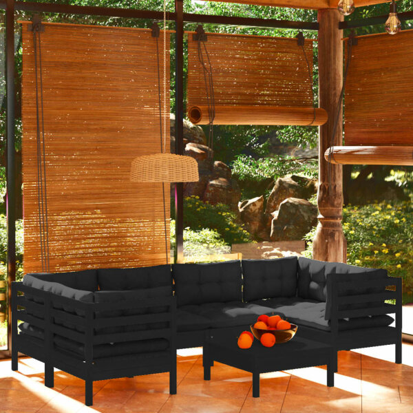 vidaXL 7-tlg. Garten-Lounge-Set mit Kissen Schwarz Kiefernholz