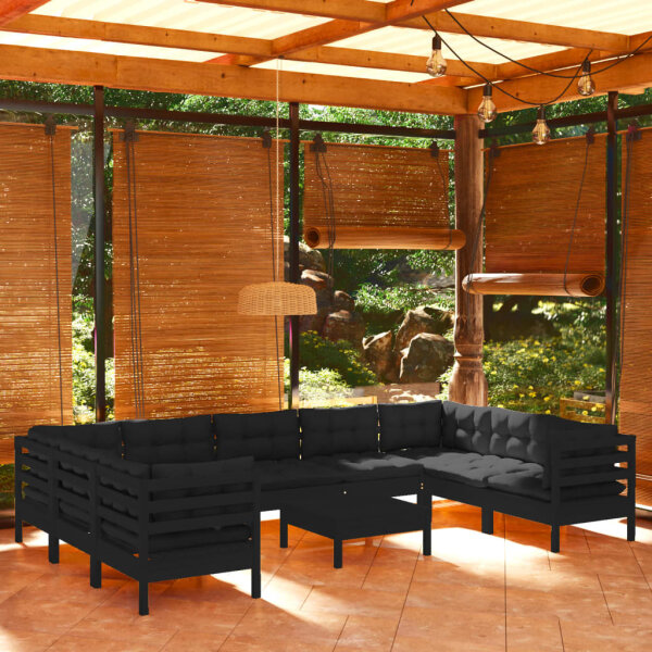 vidaXL 10-tlg. Garten-Lounge-Set mit Kissen Schwarz Kiefernholz