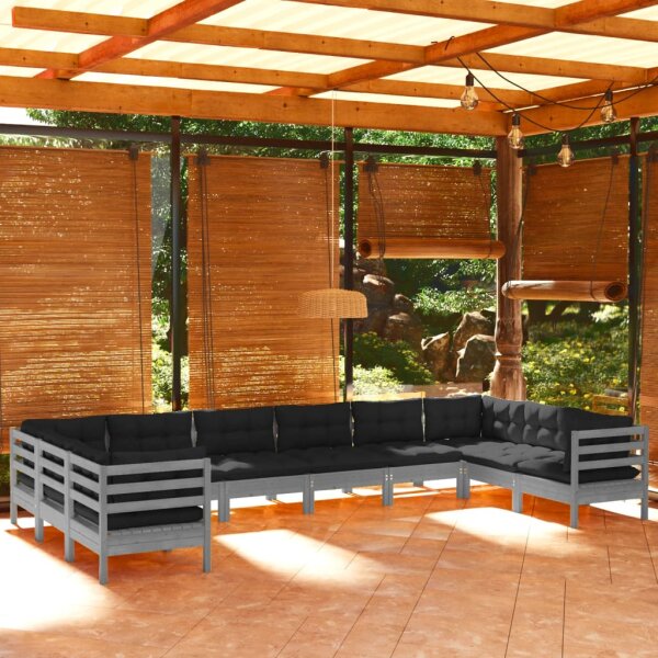 vidaXL 10-tlg. Garten-Lounge-Set mit Kissen Grau Kiefernholz