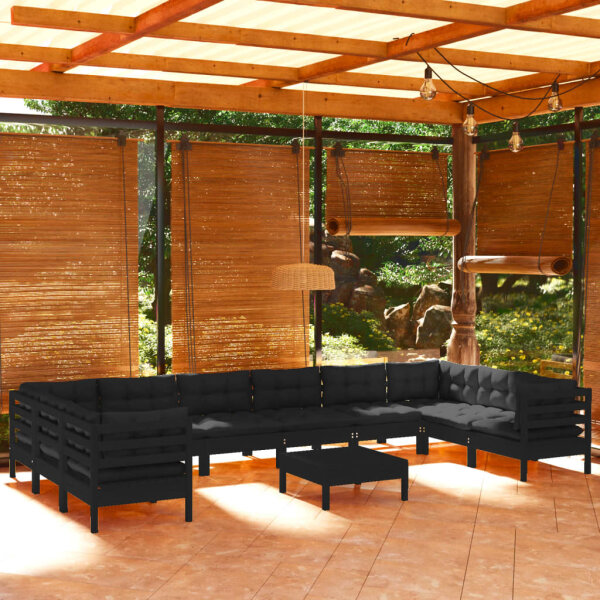 vidaXL 11-tlg. Garten-Lounge-Set mit Kissen Schwarz Kiefernholz