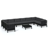 vidaXL 11-tlg. Garten-Lounge-Set mit Kissen Schwarz Kiefernholz