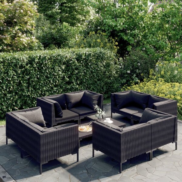 vidaXL 9-tlg. Garten-Lounge-Set mit Kissen Poly Rattan Dunkelgrau