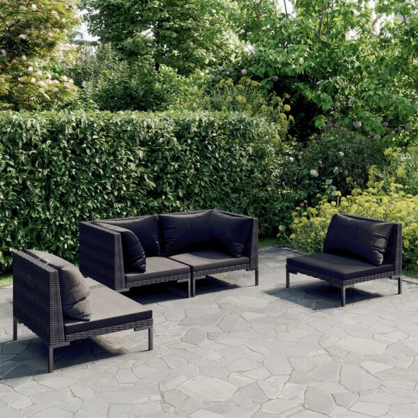 vidaXL 4-tlg. Garten-Lounge-Set mit Kissen Poly Rattan Dunkelgrau