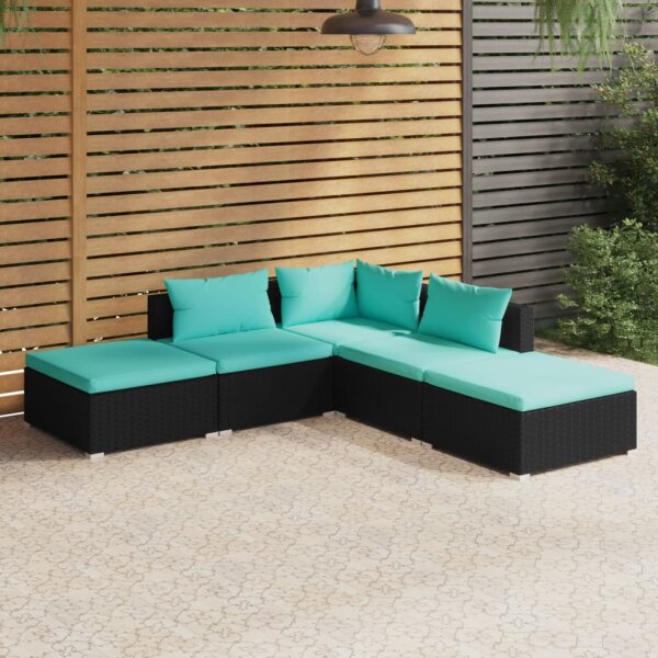 vidaXL 5-tlg. Garten-Lounge-Set mit Kissen Poly Rattan Schwarz