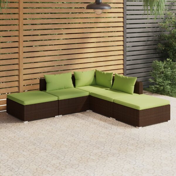 vidaXL 5-tlg. Garten-Lounge-Set mit Kissen Poly Rattan Braun