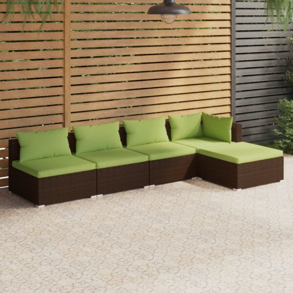 vidaXL 5-tlg. Garten-Lounge-Set mit Kissen Poly Rattan Braun