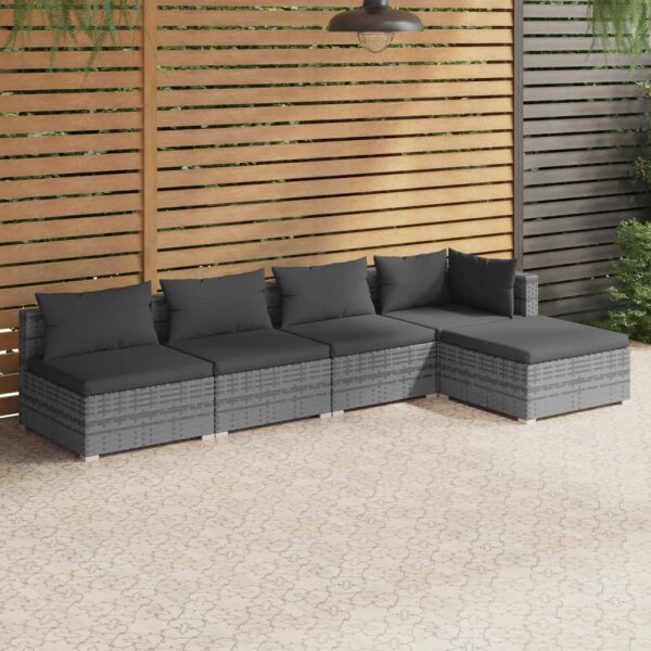 vidaXL 5-tlg. Garten-Lounge-Set mit Kissen Poly Rattan Grau