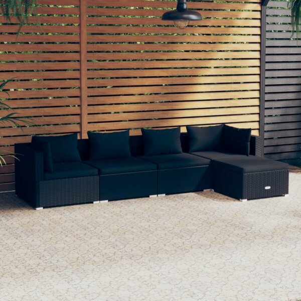 vidaXL 5-tlg. Garten-Lounge-Set mit Kissen Poly Rattan Schwarz