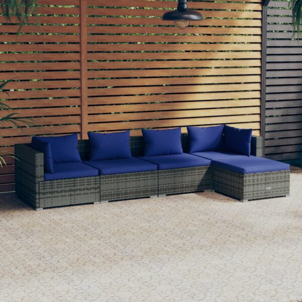 vidaXL 5-tlg. Garten-Lounge-Set mit Kissen Poly Rattan Grau