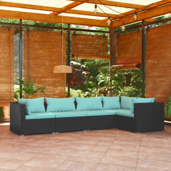 vidaXL 5-tlg. Garten-Lounge-Set mit Kissen Poly Rattan Schwarz