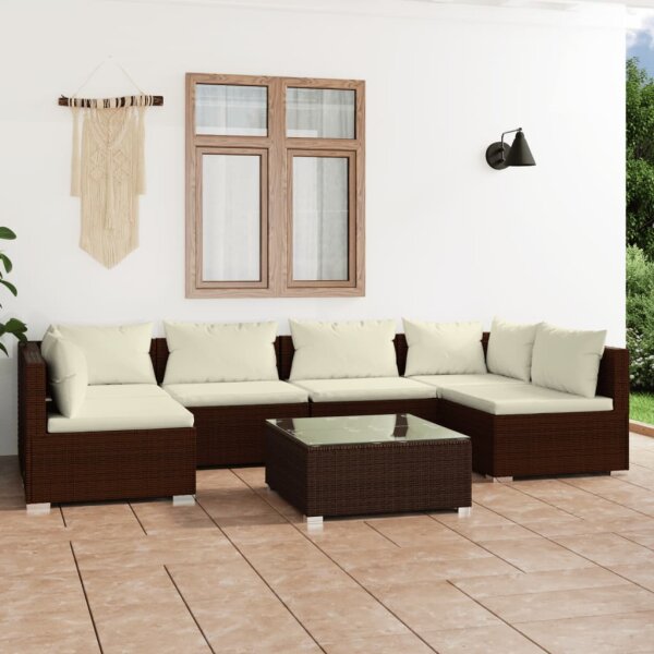 vidaXL 7-tlg. Garten-Lounge-Set mit Kissen Poly Rattan Braun