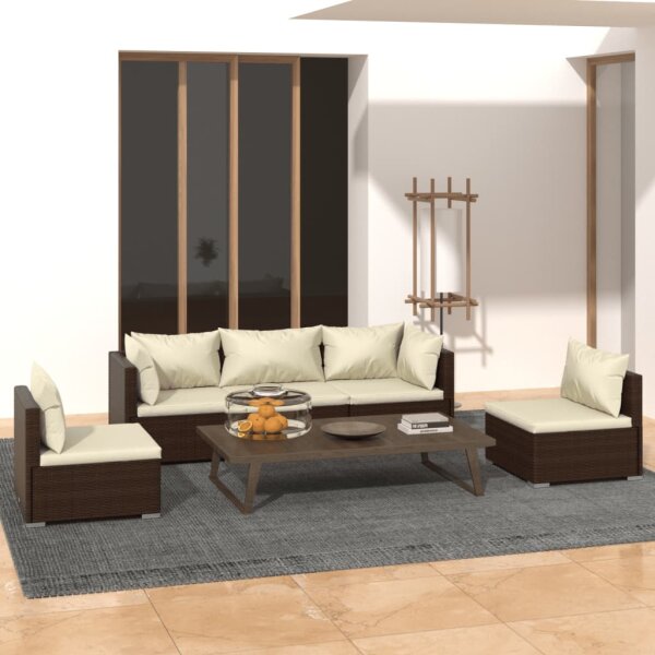 vidaXL 5-tlg. Garten-Lounge-Set mit Kissen Poly Rattan Braun