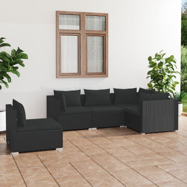 vidaXL 5-tlg. Garten-Lounge-Set mit Kissen Poly Rattan Schwarz