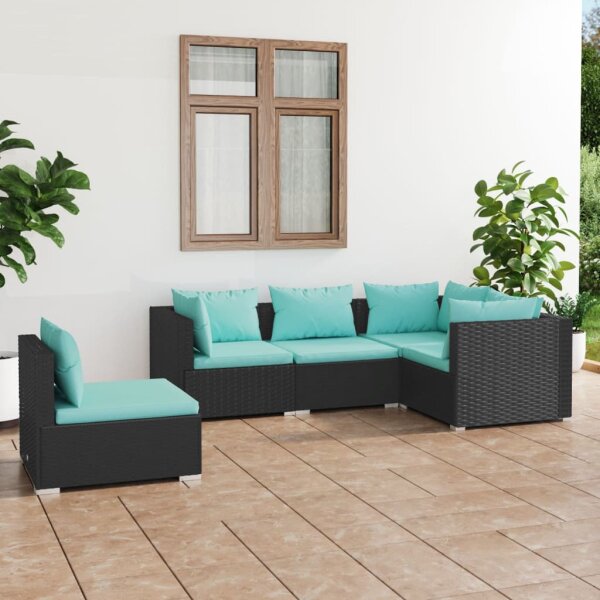 vidaXL 5-tlg. Garten-Lounge-Set mit Kissen Poly Rattan Schwarz