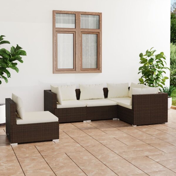 vidaXL 5-tlg. Garten-Lounge-Set mit Kissen Poly Rattan Braun