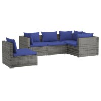 vidaXL 5-tlg. Garten-Lounge-Set mit Kissen Poly Rattan Grau