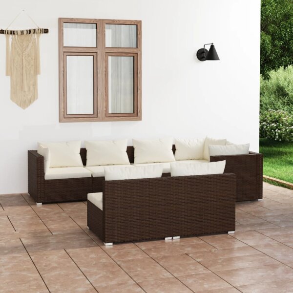 vidaXL 7-tlg. Garten-Lounge-Set mit Kissen Braun Poly Rattan