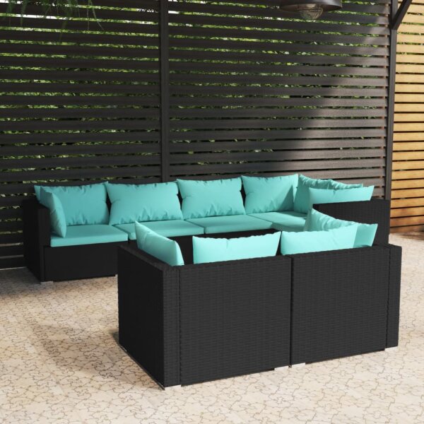 vidaXL 7-tlg. Garten-Lounge-Set mit Kissen Schwarz Poly Rattan