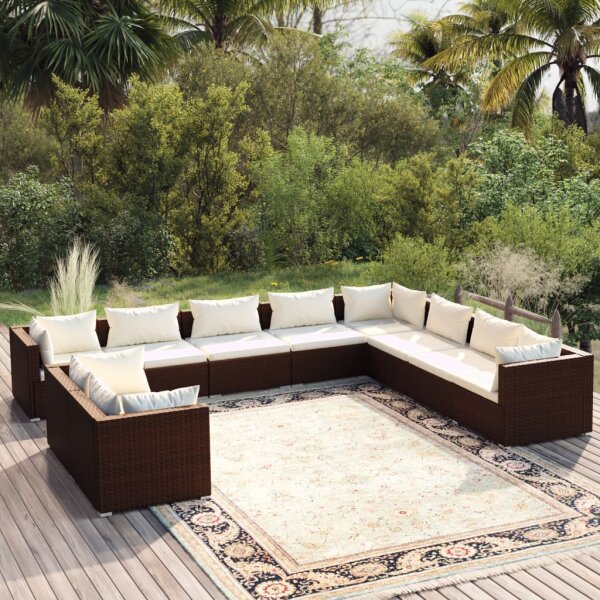 vidaXL 10-tlg. Garten-Lounge-Set mit Kissen Braun Poly Rattan