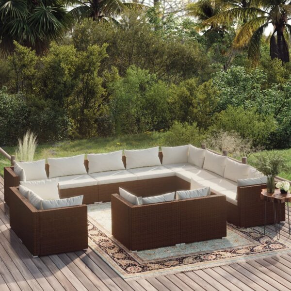 vidaXL 12-tlg. Garten-Lounge-Set mit Kissen Braun Poly Rattan