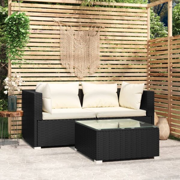 vidaXL 3-tlg. Garten-Lounge-Set mit Auflagen Schwarz Poly Rattan