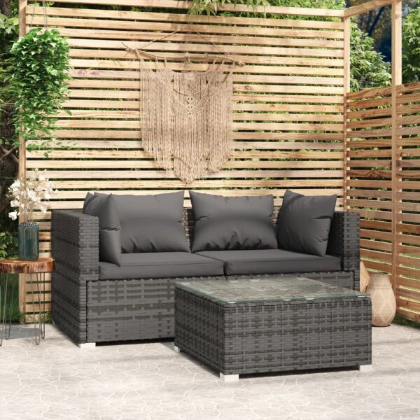 vidaXL 3-tlg. Garten-Lounge-Set mit Kissen Grau Poly Rattan