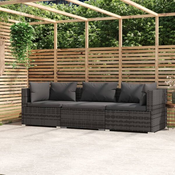 vidaXL 3-Sitzer-Sofa mit Kissen Grau Poly Rattan