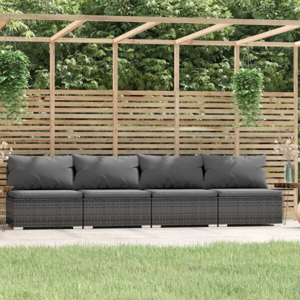 vidaXL 4-Sitzer-Sofa mit Kissen Grau Poly Rattan