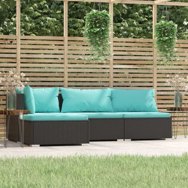 vidaXL 4-tlg. Garten-Lounge-Set mit Kissen Schwarz Poly Rattan