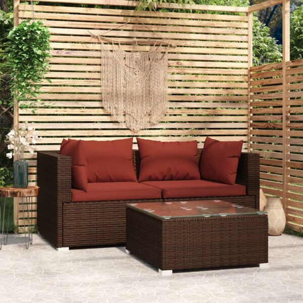 vidaXL 3-tlg. Garten-Lounge-Set mit Kissen Braun Poly Rattan