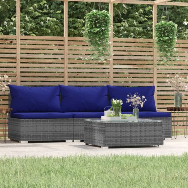 vidaXL 4-tlg. Garten-Lounge-Set mit Kissen Grau Poly Rattan