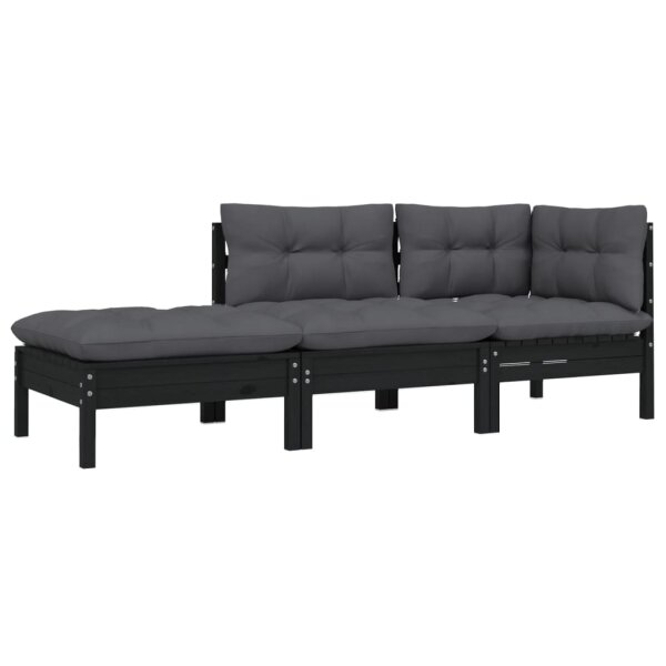 vidaXL 3-tlg. Garten-Lounge-Set mit Kissen Schwarz Kiefer Massivholz