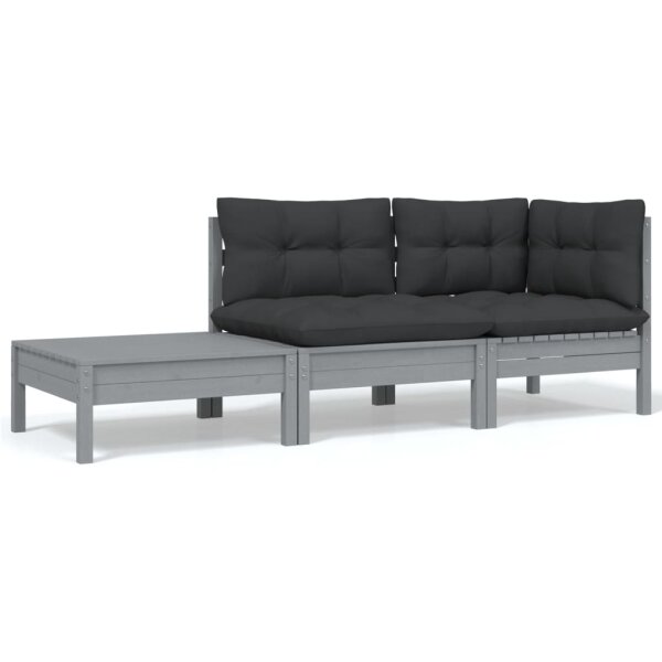 vidaXL 3-tlg. Garten-Lounge-Set mit Kissen Grau Kiefer Massivholz