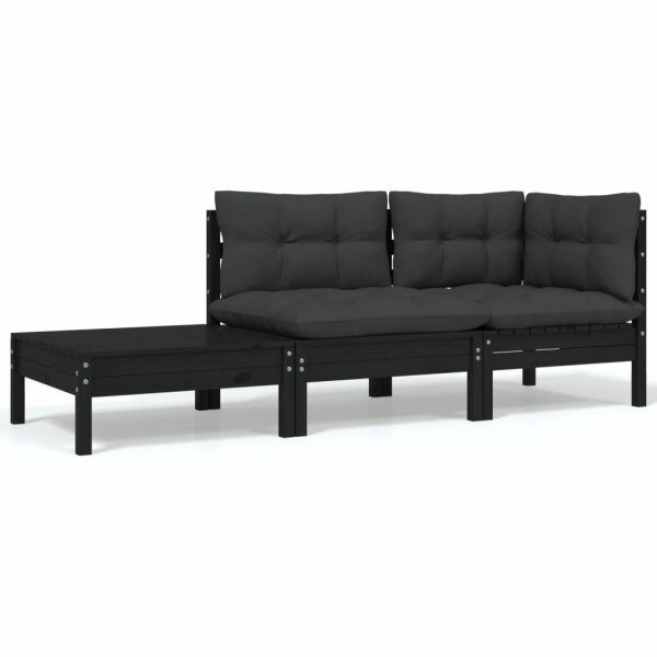 vidaXL 3-tlg. Garten-Lounge-Set mit Kissen Schwarz Kiefer Massivholz