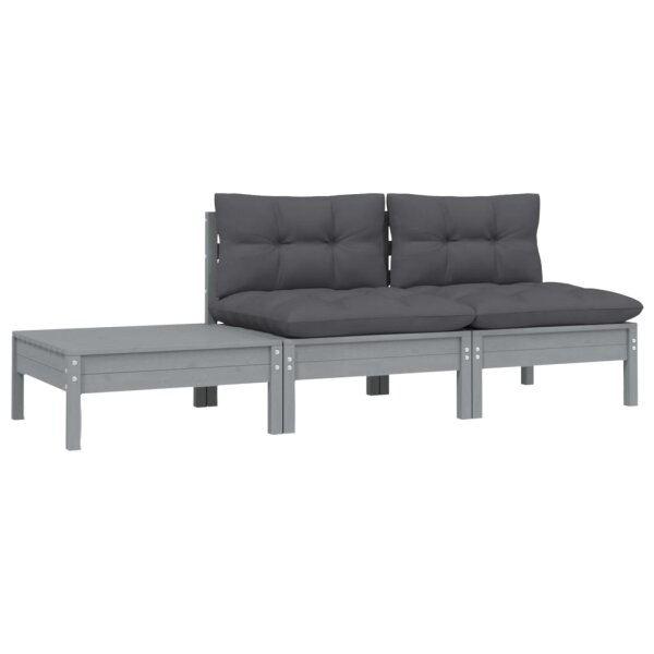 vidaXL 3-tlg. Garten-Lounge-Set mit Kissen Grau Kiefer Massivholz