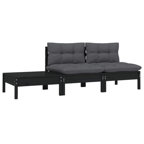 vidaXL 3-tlg. Garten-Lounge-Set mit Kissen Schwarz Kiefer Massivholz