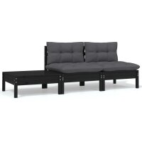 vidaXL 3-tlg. Garten-Lounge-Set mit Kissen Schwarz Kiefer Massivholz