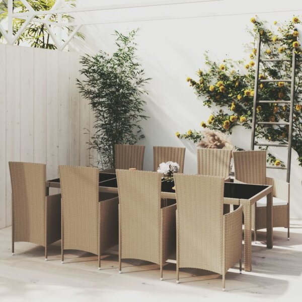 vidaXL 9-tlg. Garten-Essgruppe mit Kissen Poly Rattan Beige