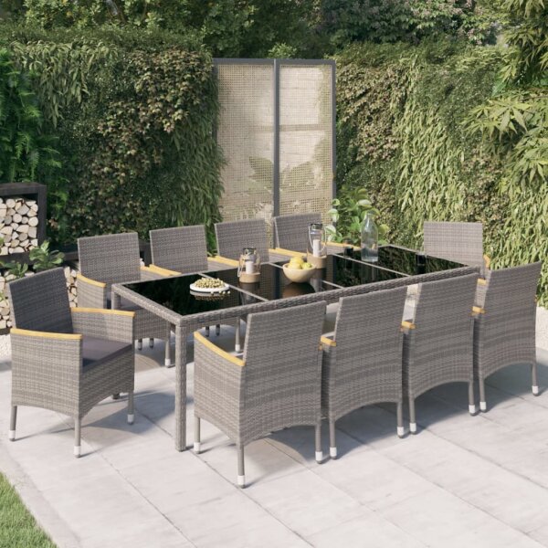 vidaXL 11-tlg. Garten-Essgruppe mit Kissen Poly Rattan Schwarz &amp; Grau