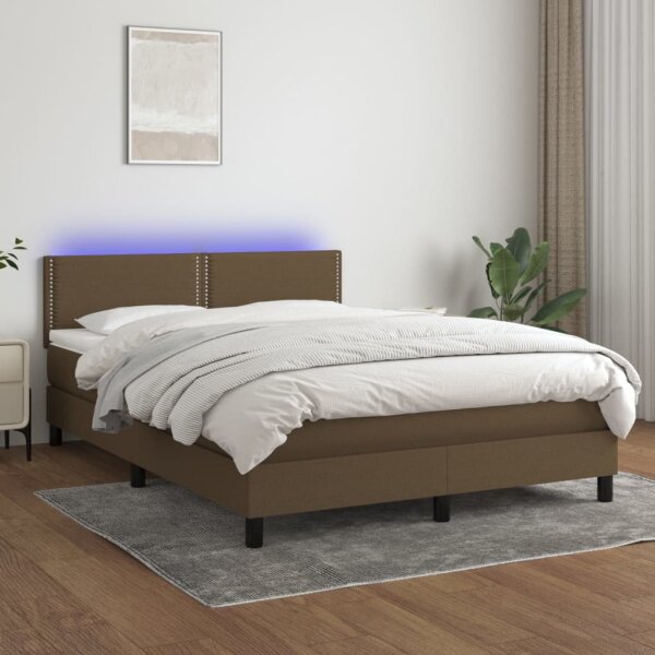 vidaXL Boxspringbett mit Matratze &amp; LED Dunkelbraun 140x200 cm Stoff