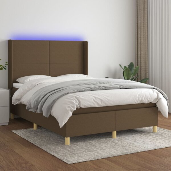 vidaXL Boxspringbett mit Matratze &amp; LED Dunkelbraun 140x190 cm Stoff