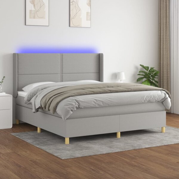 vidaXL Boxspringbett mit Matratze &amp; LED Hellgrau 180x200 cm Stoff